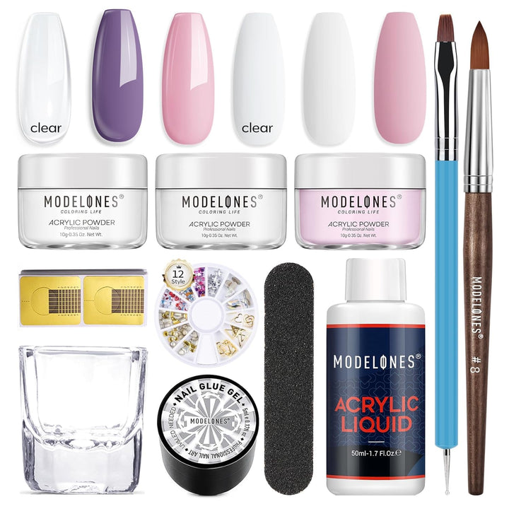 Acrylic Nail Kit: Clear White Pink Acrylic Powder and Liquid Set with Gel Nails Glue, Brushes, 11Pcs Set for Beginner
