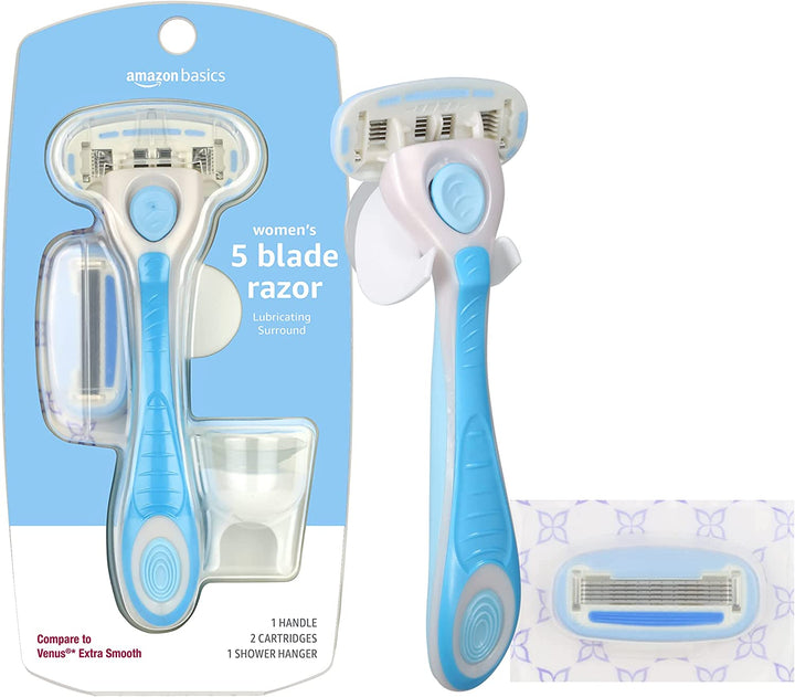 5-Blade Razor Handle for Women, Includes 12 Cartridges and Shower Hanger, 14 Piece Set, Blue