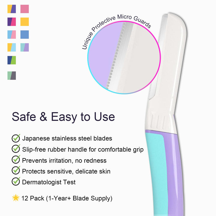 Dermaplane Razor for Women Face - Facial Razor for Women - Eyebrow & Face Razors, Exfoliating Microblades, Peach Fuzz Remover, Dermaplaning & Skin Care Tool, Travel Essentials, (12 Pcs, Wisteria)