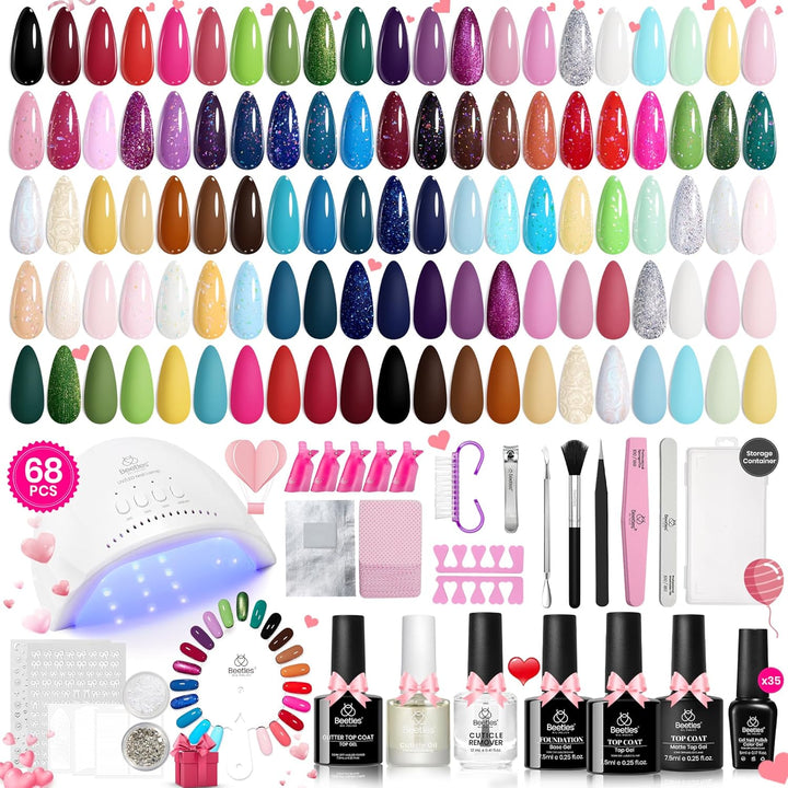 Beetles Gel Nail Polish Kit with U V Light -54 Pcs Gel Nail Kit Four Seasons Glow 32 Colors Set with Base Matte & Glossy Top Coat Soak off Home DIY Manicure Nails Beginners Gifts for Women Teen Girls
