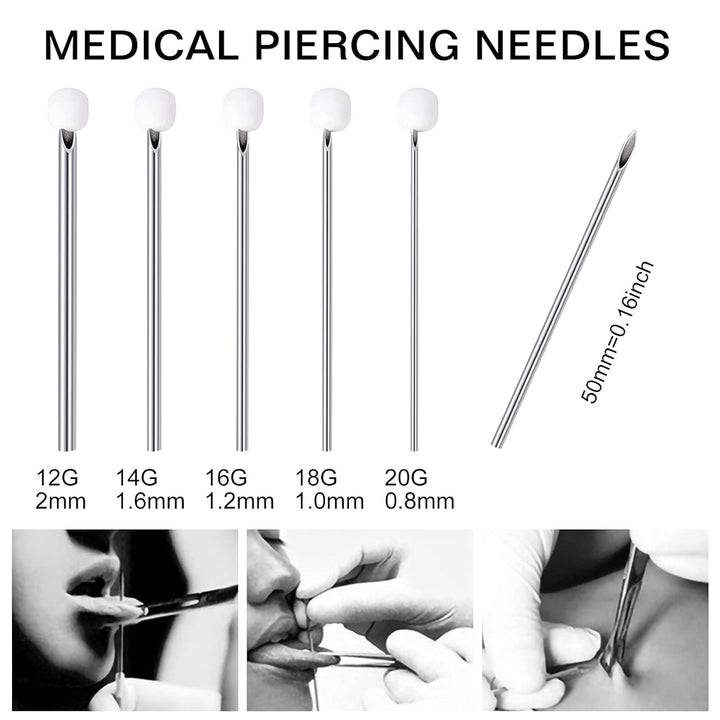 50PCS Mixed Body Piercing Needles, 12G 14G 16G 18G 20G Disposable Sterile Stainless Steel Piercing Needles for Ear Nose Navel Belly Nipple Tongue Lip Piercing