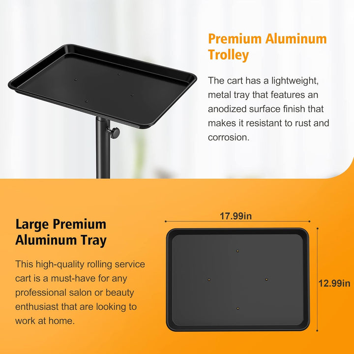 Salon Tray on Wheels - Premium Aluminum Tattoo Tray Rolling Trolley - Adjustable Salon Service Rolling Tray Hairdresser Cart with Clinic Spa Rolling Tray Wheels (Black)