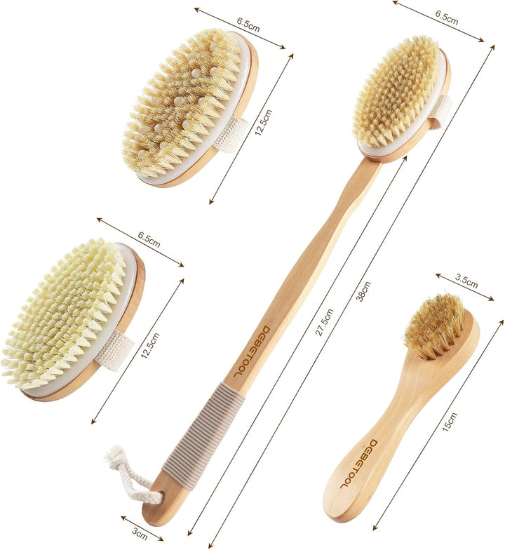 Dry Brushing Set - Natural Boar Bristle Body & Face Brush, Wooden Long Handle Scrub Brush for Cellulite & Lymphatic Drainage, Detachable, 3 Brush Heads