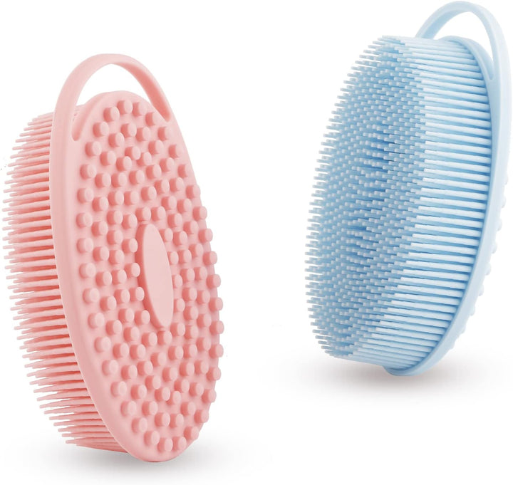 Soft Silicone Body Scrubber 2 PCS Silicone Body Shower, Silicone Loofah 2 in 1 Bath and Shampoo Brush, Body Scrubber Shower Cleaning Exfoliating Use for Sensitive Skin, Lather Well(Black and Pink)