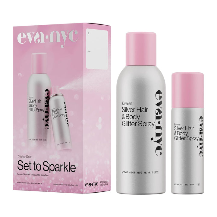 Eva NYC Kweeen Silver Hair and Body Glitter Spray - Our Original Ultra Shimmery Glitter, New Look - Adds Shine + Non-Sticky - Quick Drying Sparkle Spray - Warm Vanilla Scent - 4.9 Oz