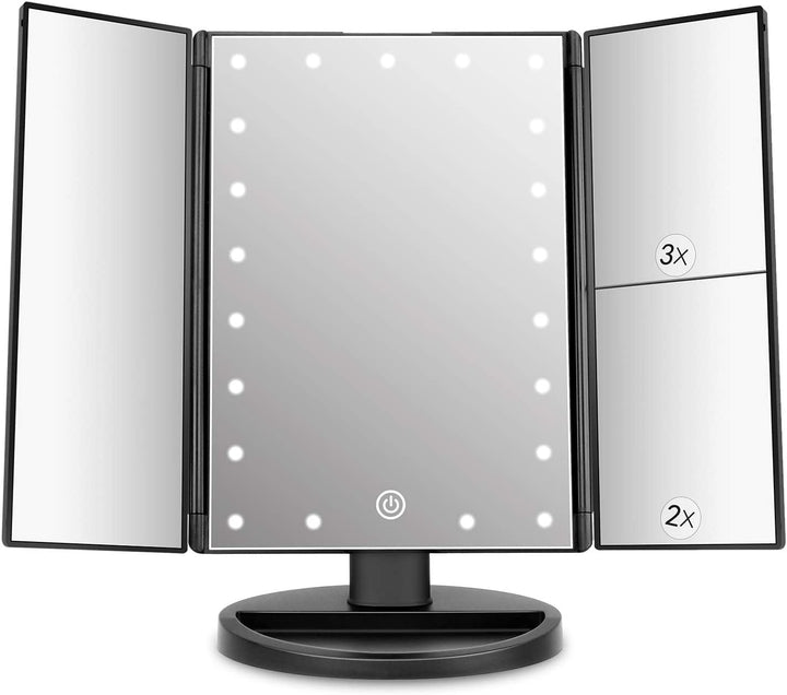 Dresser Mount Tri-Fold Lighted Vanity Mirror with 21 LED Lights, Touch Screen and 3X/2X/1X Magnification, Two Power Supply Modes Make up Mirror,Travel Mirror