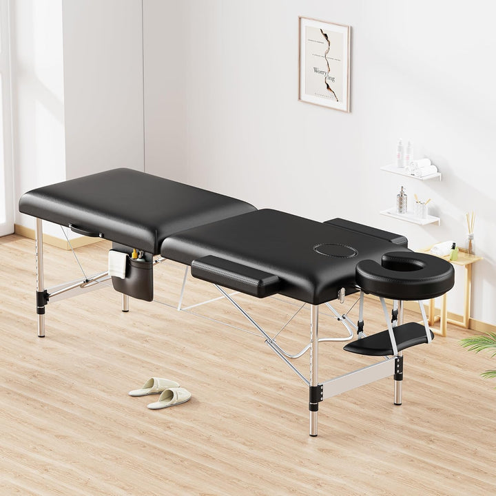 Massage Table Portable, 2-Fold Lash Bed with Side Pocket, Adjustable Height, Sturdy Aluminum Frame, Esthetician Spa Facial Tattoo Bed with Face Cradle & Carrying Bag, Black
