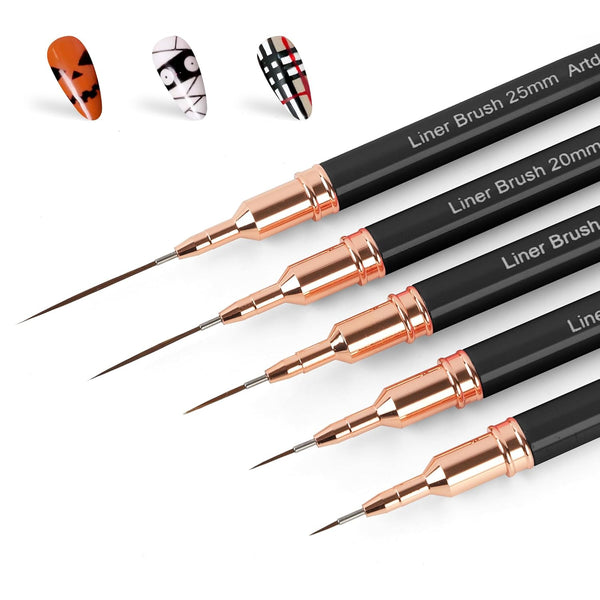 Metallic Nail Art Pens, Liner Brushes Set, 5PCS Black Color Nail Tools for Long Lines, Thin Details, Fine Drawing, Liner Brush UV Gel Polish Painting Nail Design Sizes 5/8/12/20/25Mm