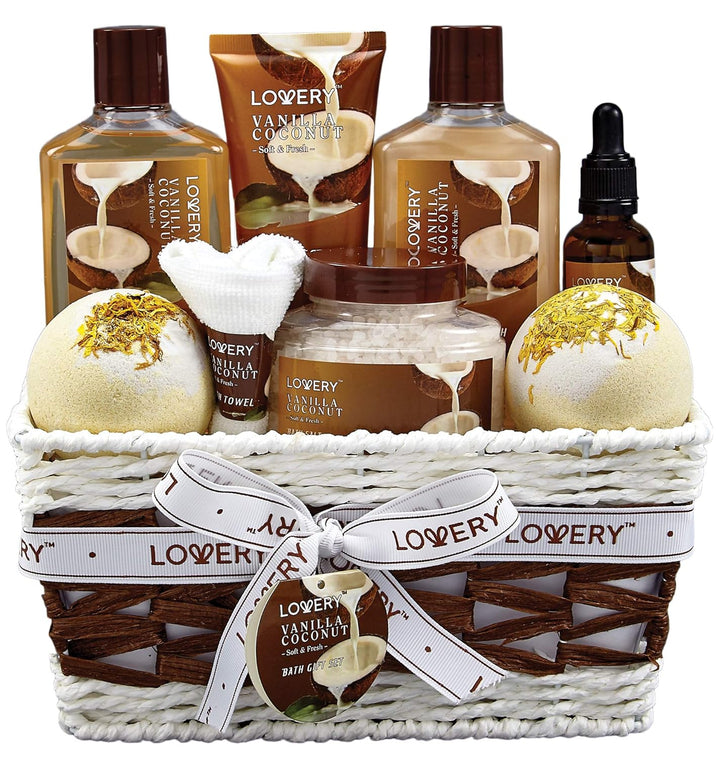 Gifts for Women Gift Basket for Women– 9 Piece Set of Vanilla Coconut Home Spa Set, Includes Fragrant Lotions, Extra Large Bath Bombs, Coconut Oil, Luxurious Bath Towel & More