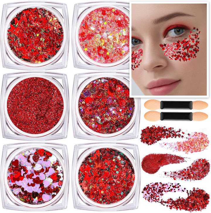Face Glitter Body Glitter, Clear White Body Glitter Gel, Hair Glitter Gel, 6 Shapes Rave Glitter, Mermaid Sequins Makeup Glitters Face Paint, Chunky Sparkling Glitter Gel for Women