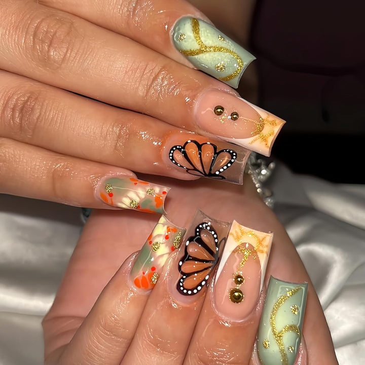 Medium Almond 3D Brown Gold Flower Press on Nails-‎ Tortoiseshell Leopard French Tip Blossom Gradient Design,24Pcs Handmade Fall/Autumn/New Year Glue on Acrylic Fake Nail Press Ons for Women