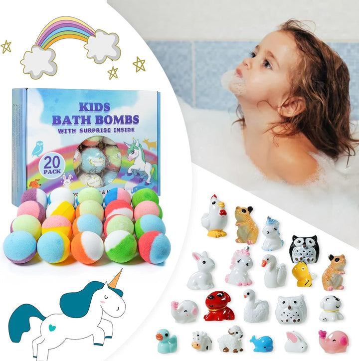 Bath Bomb Gift Set with Toys Inside, 20 Pack Organic Bath Bombs for Kids, Kids Safe Handmade Fizzy Balls for Kid, Ideal Birthday Gift for Boys & Girls