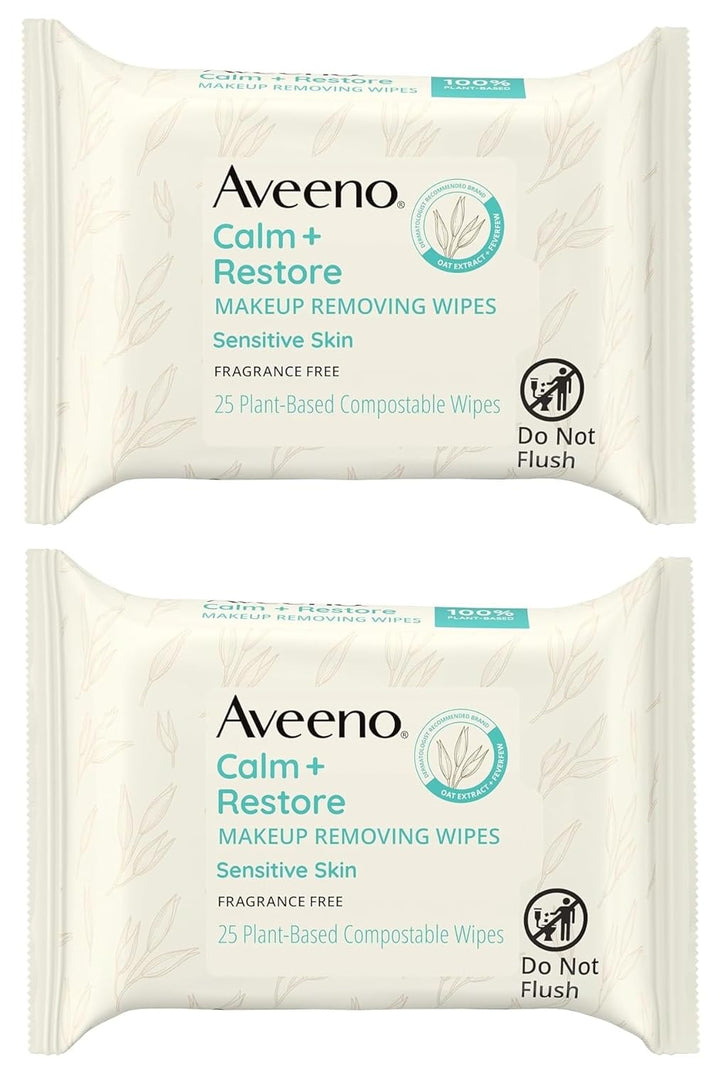 Calm + Restore Unscented Makeup Remover Face Wipes, Fragrance Free Facial Cleansing Towelettes with Oat Extract & Calming Feverfew Leave Skin Feeling Soothed, Alcohol Free, 25 Ct