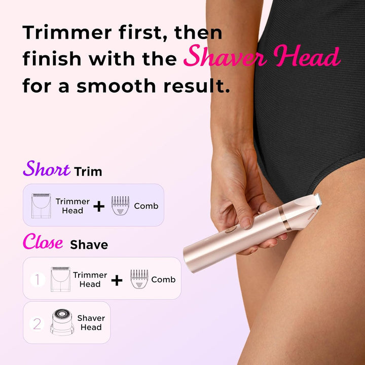 Bikini Trimmer for Women Pubic Hair: 2 in 1 Electric Razors for Women - Rechargeable Electric Shaver - IPX7 Waterproof Bikini Shaver for Travel & Shower Use in Summer (Rose Gold)