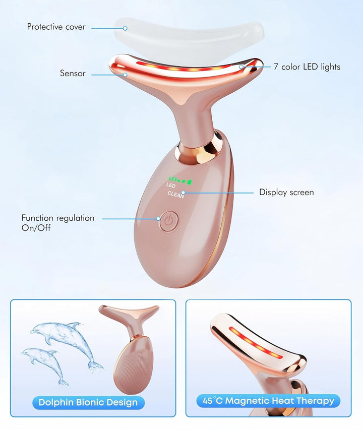 Red Light Therapy for Face and Neck, 7 Color Face Massager Tool for Wrinkles, Double Chin, Vibrating Facial Massager with Thermals for Skin Care, Rose Gold