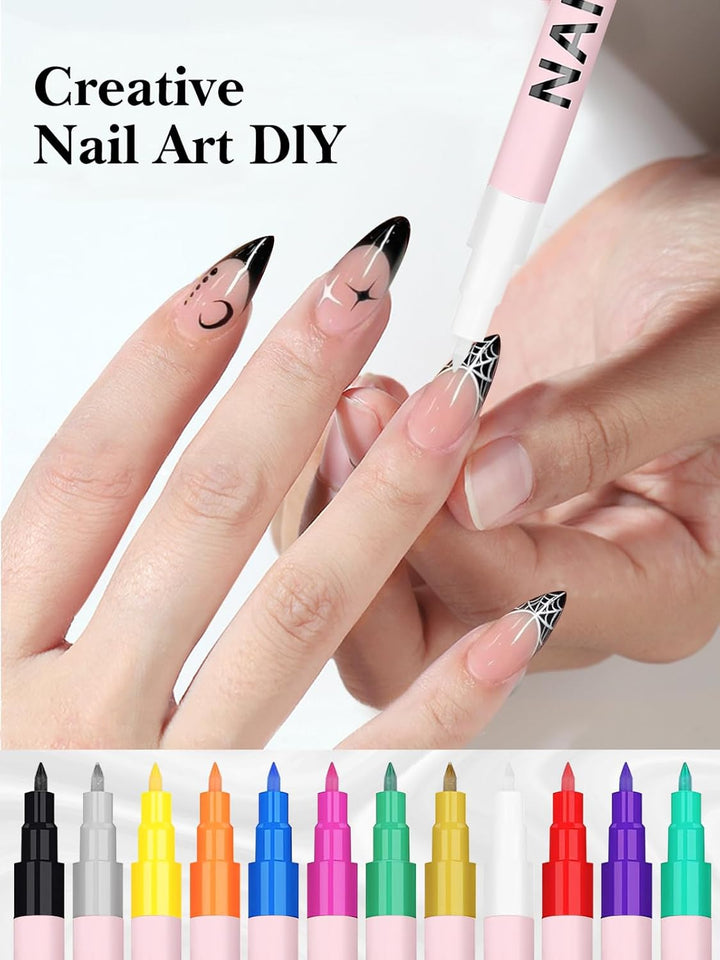 12 Colors Nail Art Pens Set, 3D 0.7MM Nail Polish Pens Quick-Drying Nail Art Acrylic Paint Nail Point Dotting Liner Pen Tools for Home & Salon Nail DIY