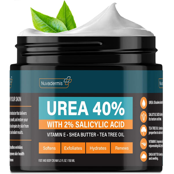 Urea Cream 40 Percent for Feet Maximum Strength - 40% Urea Foot Cream for Dry Cracked Heels and Feet - 2% Salicylic Acid, Shea Butter, Tea Tree Oil, Vitamin E - 5.3 Fl Oz