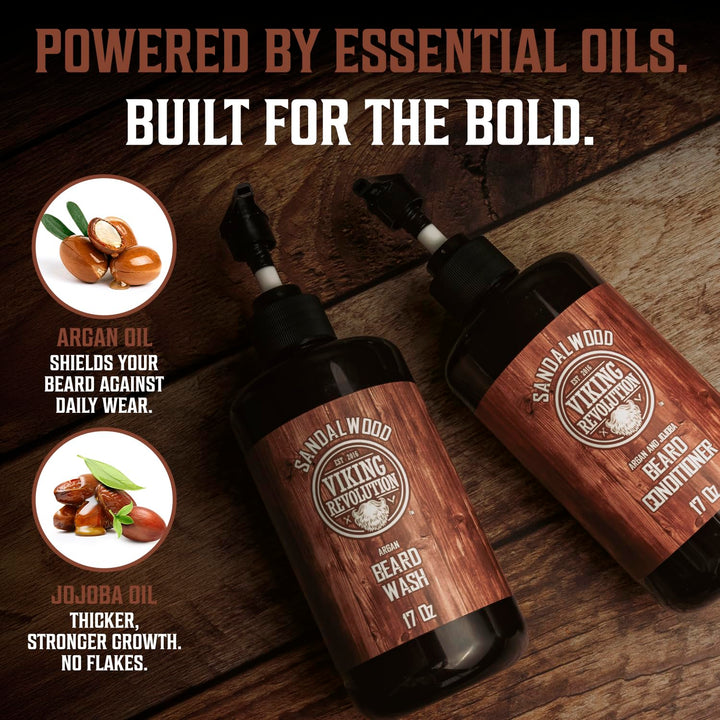 Beard Wash & Beard Conditioner Set with Argan & Jojoba Oils - Softens and Strengthens - Natural Sandalwood Scent - Beard Shampoo with Beard Oil (17 Oz)