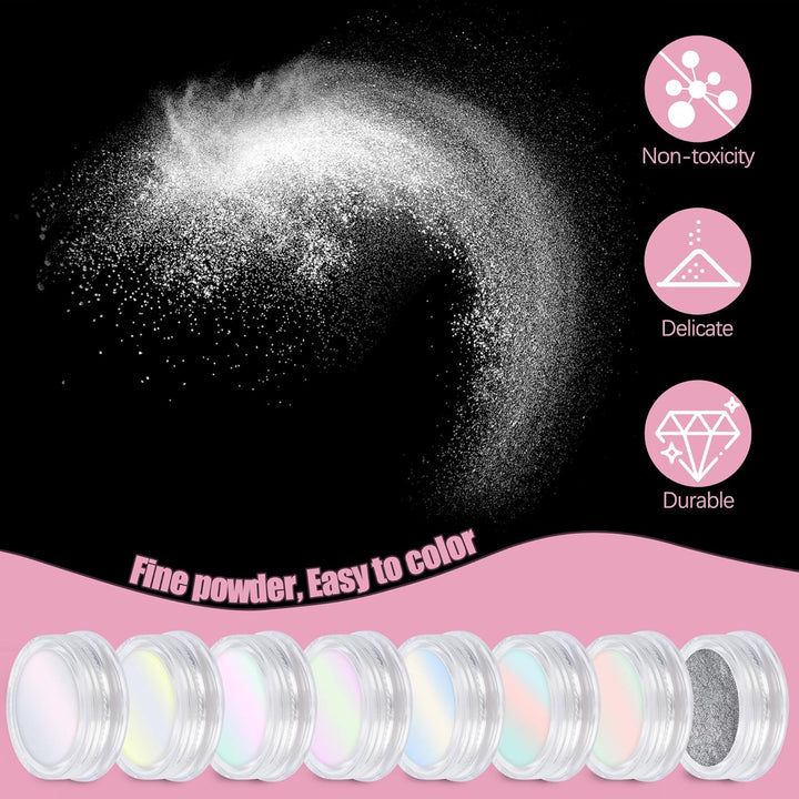 8 Jars Chrome Nail Powder Magic White Pearl Kit Mirror Effect Silver Metallic Holographic Dip Nail Powder Decoration Iridescent Aurora Mermaid Pigment