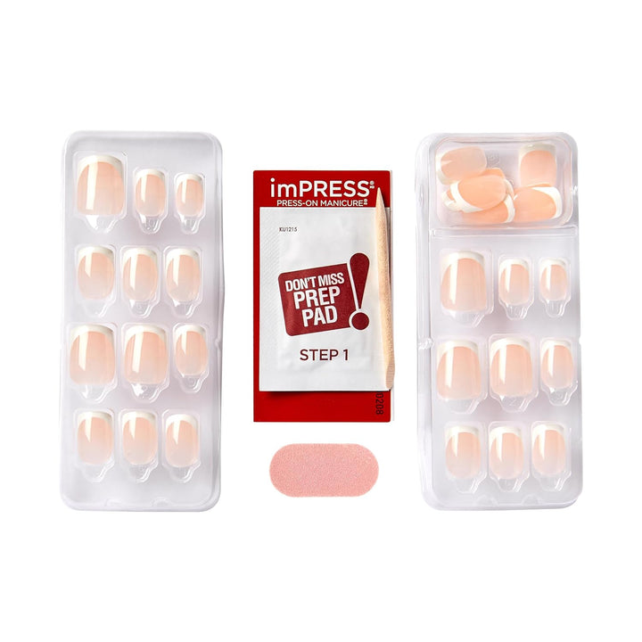 KISS  No Glue Mani Press on Nails, French, 'Model', Light Neutral + White Tip French, Short Size, Squoval Shape, Includes 30 Nails, Prep Pad, Instructions Sheet, 1 Manicure Stick, 1 Mini File
