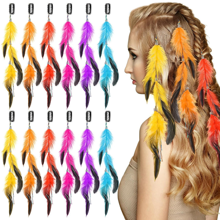 12 Pcs Clip in Hair Feathers Extensions for Women Colored Boho Feather Hair Clips Halloween Cosplay Costume Carnival Party Headdress Accessory Gifts(Brown, Black, Dark Coffee,Standard)