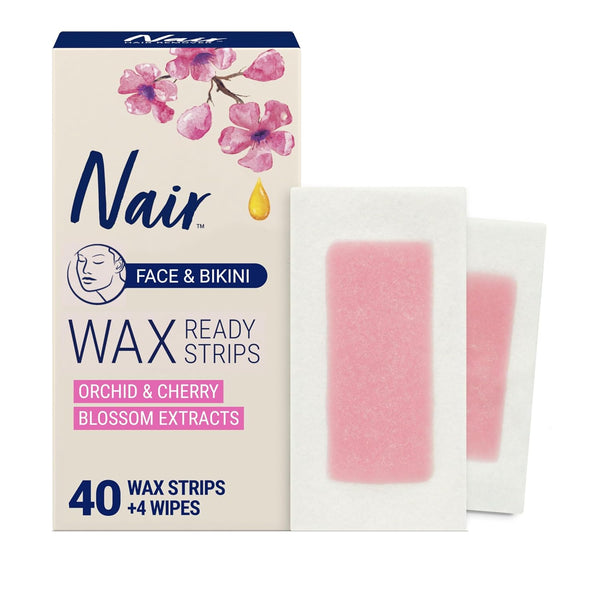 Hair Remover Wax Ready Strips, Face and Bikini Hair Removal Wax Strips, Orchid and Cherry Blossom Extracts, Dermatologist Tested, plus 4 Non-Flushable Post Wipes, 40 Count