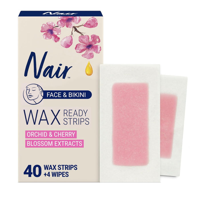 Hair Remover Wax Ready Strips, Face and Bikini Hair Removal Wax Strips, Orchid and Cherry Blossom Extracts, Dermatologist Tested, plus 4 Non-Flushable Post Wipes, 40 Count