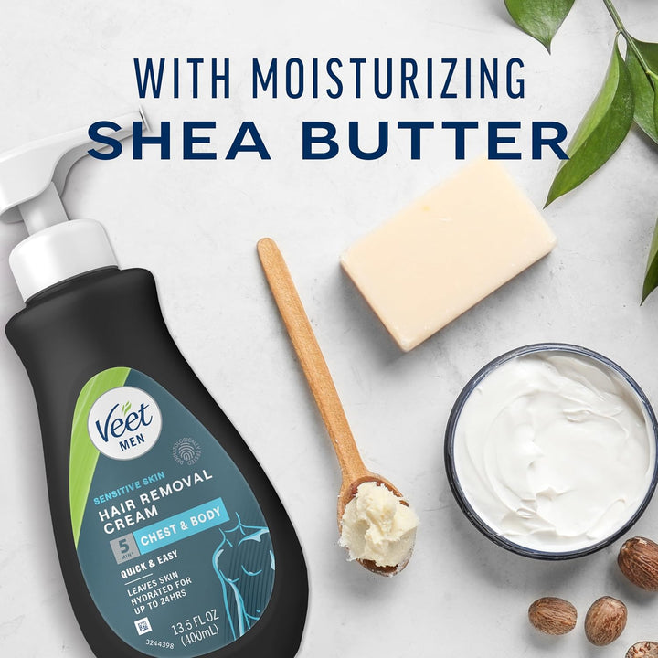 Hair Removal Cream for Men, 5 Min Sensitive Skin, Hair Removal Gel for Body, Chest & Back, Dermatologically Tested, 13.5 FL OZ W/ Spatula