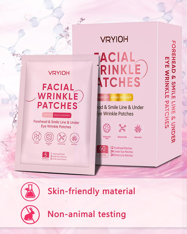 3 in 1 Forehead, Smile Line & under Eye Wrinkle Patches, Overnight Facial Wrinkle Treatment with Hyaluronic Acid, Collagen to Lift Lines for Women, 60 Patches