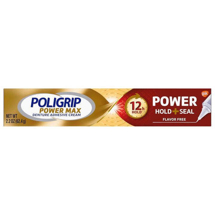 Power Max Power Hold plus Seal Denture Adhesive Cream, Denture Cream for Secure Hold and Food Seal, Flavor Free - 2.2 Oz