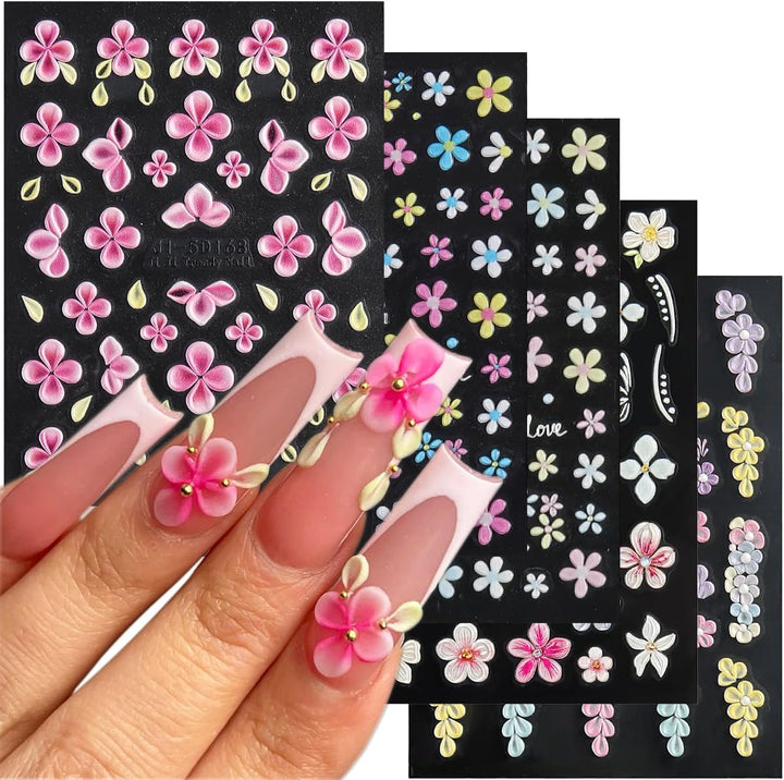 5D Embossed White Flowers Nail Stickers, 5 Sheets Self-Adhesive Floral Nail Decals, Spring Rose Butterfly Nail Art, 3D Acrylic Flowers for Manicure Decor