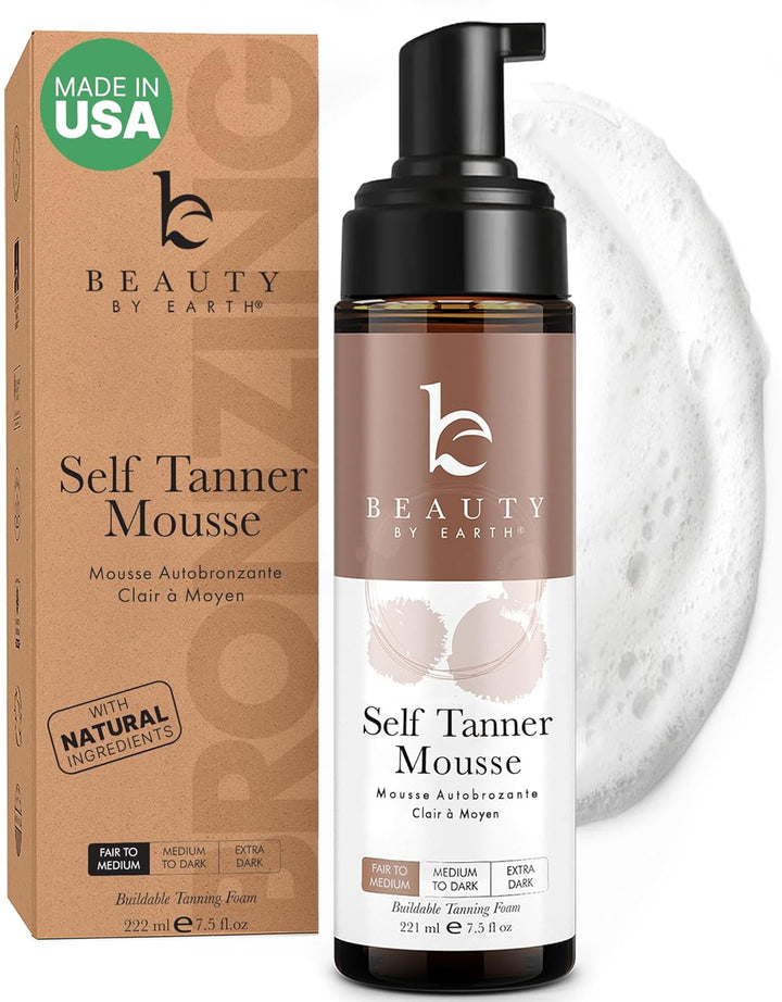 Self Tanner Mousse - USA Made with Natural & Organic Ingredients, Self Tanning Mousse for Dark Fake Tan, Sunless Tanner, Clear & Non Toxic Tanning Foam for Streak Free Finish & Natural Glow