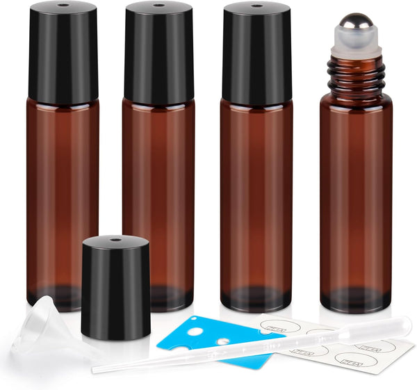 10Ml Roller Bottles for Essential Oils, 4 Pack Glass Roll on Bottles, Refillable Perfume Bottle, with Stainless Steel Roller Balls, 2 Droppers, 1 Opener, Labels (Amber)