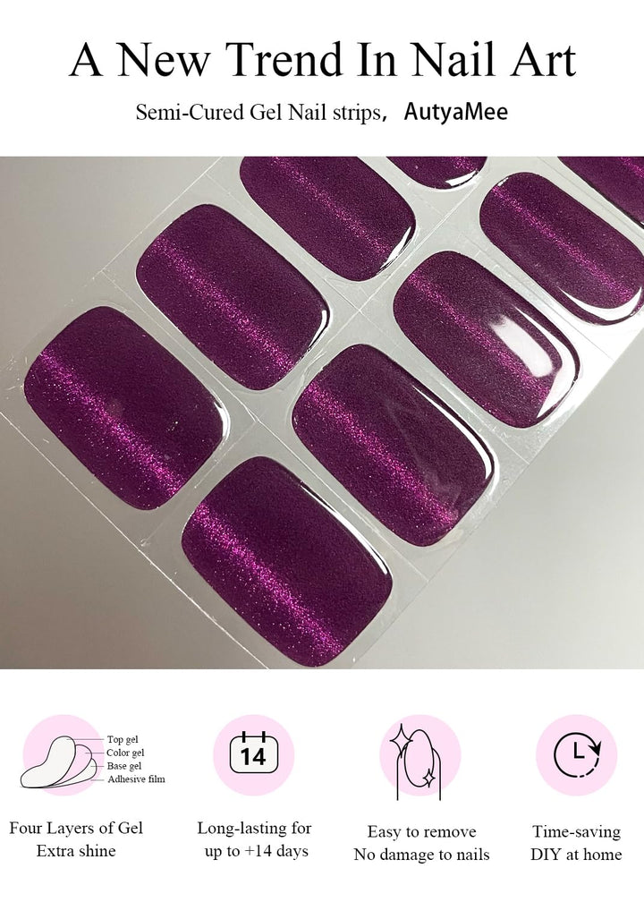 Semi Cured Gel Nail Strips (Deep Plum Cat Eye), Dark Purple, 20 Pcs Gel Nail Wraps, Stickers, UV Light Required, Salon Quality, Long Lasting