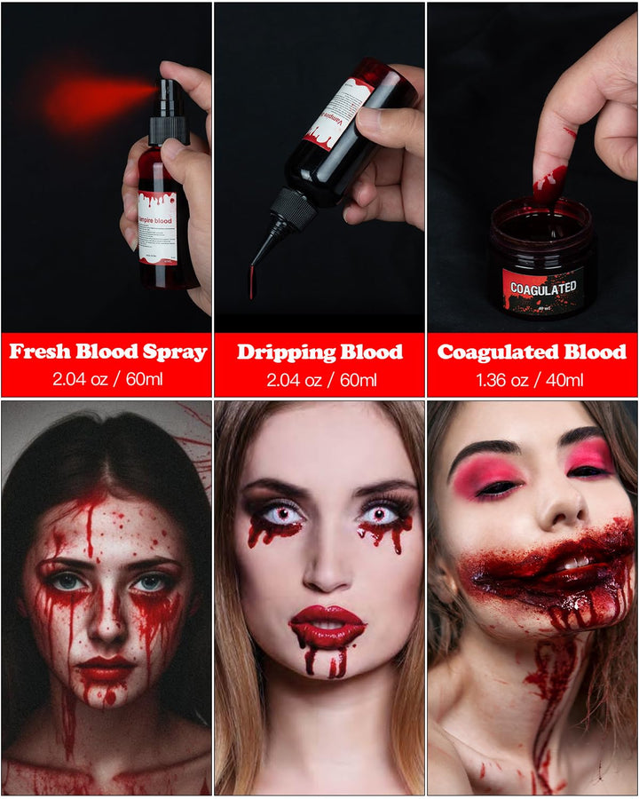 3PCS Halloween Fake Blood Makeup Kit 5.04Oz - 2.04Oz Fake Blood Spray, 2.04Oz Dripping Blood, 1.36Oz Coagulated Gel Blood, Realistic Washable Fake Blood Makeup for Zombie Vampire Clown Monster Cosplay