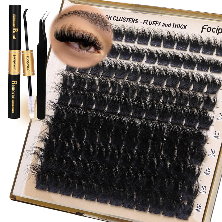 Lash Extension Kit Thick Eyelash Extension Kit 10-18Mm Fluffy Lash Clusters 200D Individual Eyelashes Kit with Lash Bond, Lash Remover, Lash Applicator, DIY Lashes Extension