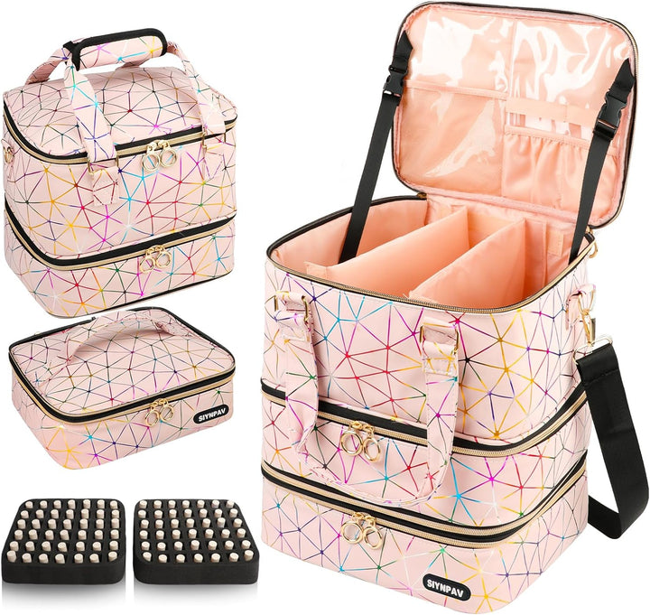 Nail Polish Organizer Bag Holds 84 Bottles (15Ml/0.5Fl.Oz)& Nail Lamp, 3 Layers Detachable Nail Kit Storage Case PU Leather, Large Travel Nail Supplies Shoulder Bag for Manicure Tools (Black)