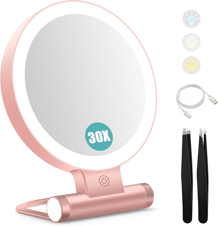 Magnifying Mirror with Light 30X, Double-Sided 1X/ 30X Magnifying Makeup Mirror with Tweezer, 2000Mah 3 Colour Modes with Adjustable Brightness,Foldable Travel Mirror(9" L X 7" W)