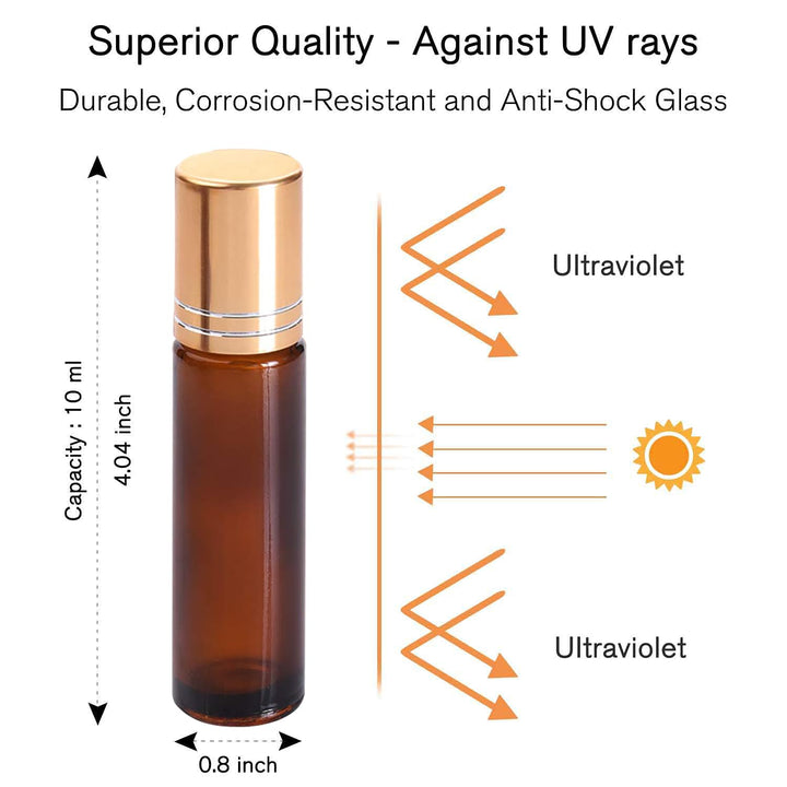 4 Pack, 10 Ml Essential Oil Roller Bottles with Stainless Steel Roller Ball - Refillable Leak-Proof Empty Thick Amber Glass Roll on Bottles with Metal Caps for Travel, Perfume