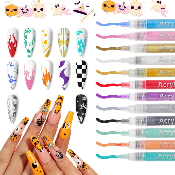 12 Color Nail Art Pens, 0.5 MM Nail Polish Pens Set Drawing Painting Point Liner Acrylic Painted Pen Kit, Waterproof and Quick-Drying Nail for DIY Nails Art Design Manicure Tools