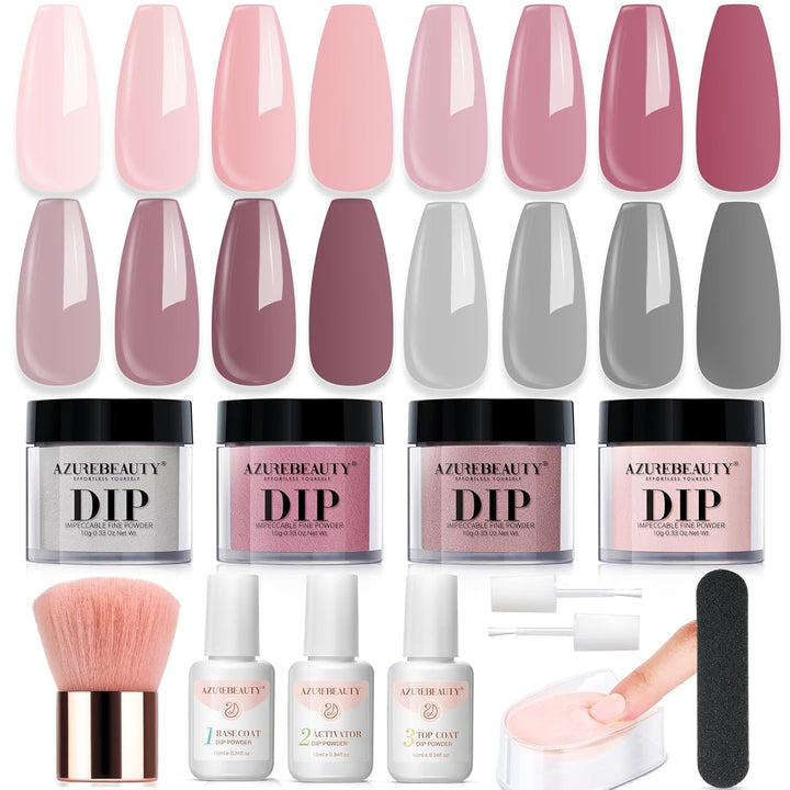 Dip Powder Nail Kit Starter, All Season Nude Skin Glitter 4 Colors Dipping Powder Liquid Set Recycling Tray with Base & Top Coat Activator for French Nail Art Manicure Salon DIY at Home.