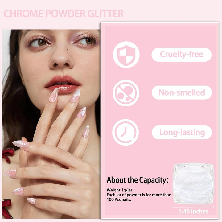 White Pearl Chrome Nail Powder, Iridescent Aurora Powder Metallic Mirror Effect Glitter Powder Pearlescent Ice Transparent Mermaid Pigment Pearl Glitter Dust Kit for Nail Art Decoration