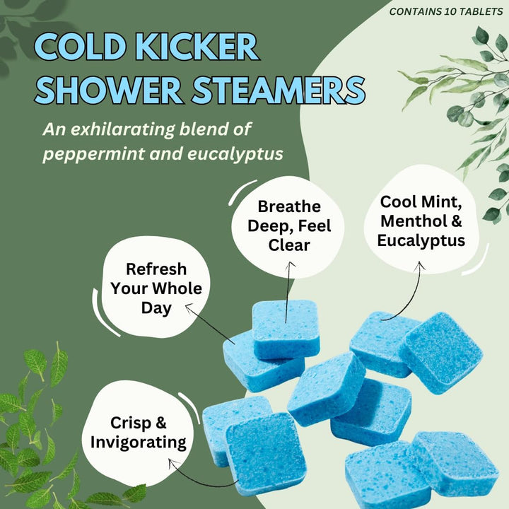 Cold Kicker Shower Steamers Aromatherapy for Sinus Relief - Adult Stocking Stuffer Christmas Gift - USA Made - Peppermint & Eucalyptus Shower Bomb Tablets - Soothing Natural Essential Oils (10 Pack)