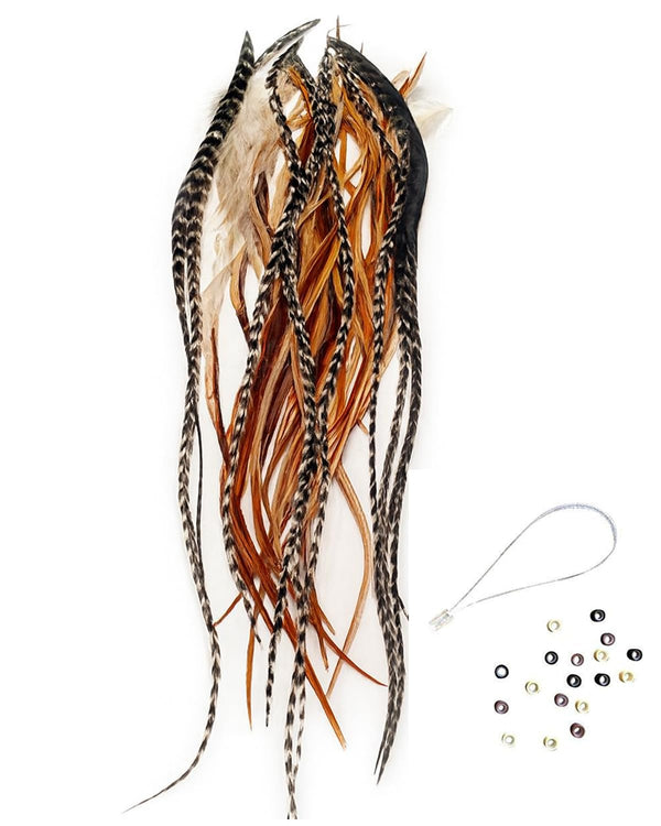 Feather Hair Extension – 25 Loose Long Natural Rooster Feathers in Brown, Beige, and Grizzly, All Individual Feathers, Ranging from 6 to 11 Inches in Length