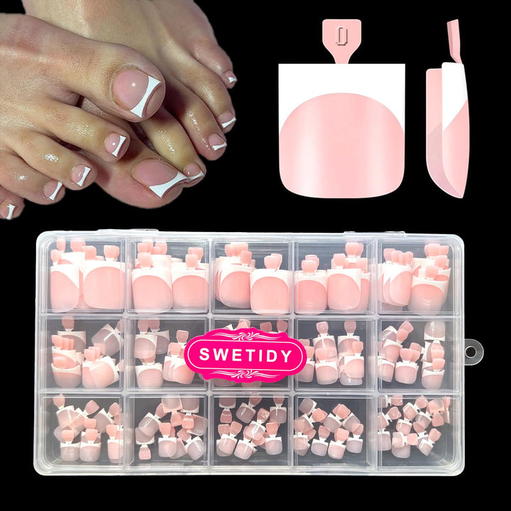 Toe Nail Press Ons, French Tips Toe Press on Nails, 150Pcs Square Pre-Designed Soft Gel Thick False Toenail Extension, Berry Pink Full Cover Acrylic for DIY 15 Sizes