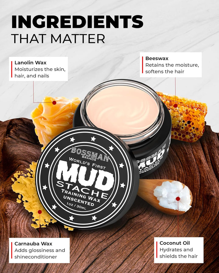 Mudstache Unscented Mustache Wax for Men (1 Oz) – Strong 24-Hour Hold, Non-Tacky & Easy to Apply for Taming & Styling