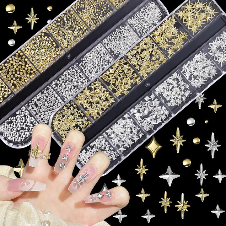 2 Boxes Gold Star Nail Gems Charms, Metal Starshine Studs, Silver Golden Micro Caviar Beads, DIY Accessories for Nail Art