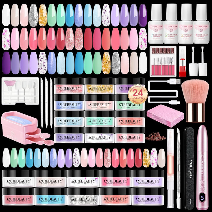 Dip Powder Nail Kit with Electric Nail Drill, 24 Colors Nude Pink Glitter Nail Powder Starter Kit with Dip Liquids Base Top Coat Activator Portable Manicure French Nail Art Essential Set