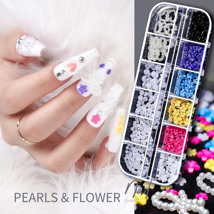Nail Charms Nail Gems with 15 Sheets Gold Nail Stickers, 6 Boxes of Rhinestones for Nails Art Tools, 3D Nail Decals Pearls for Nails