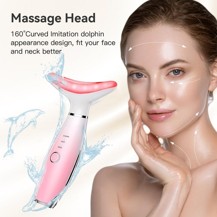 Face Massager -7 Color Red-Light-Therapy for Face and Neck for Wrinkles, Double Chin, Vibrating Facial Massager with Thermals (Pink)